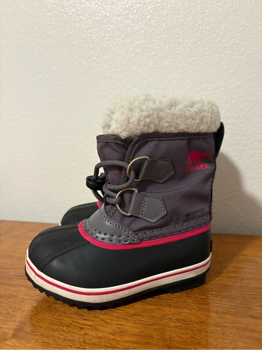 Sorel Kids Yoot Pac Waterproof Winter Boots in Gray and Pink